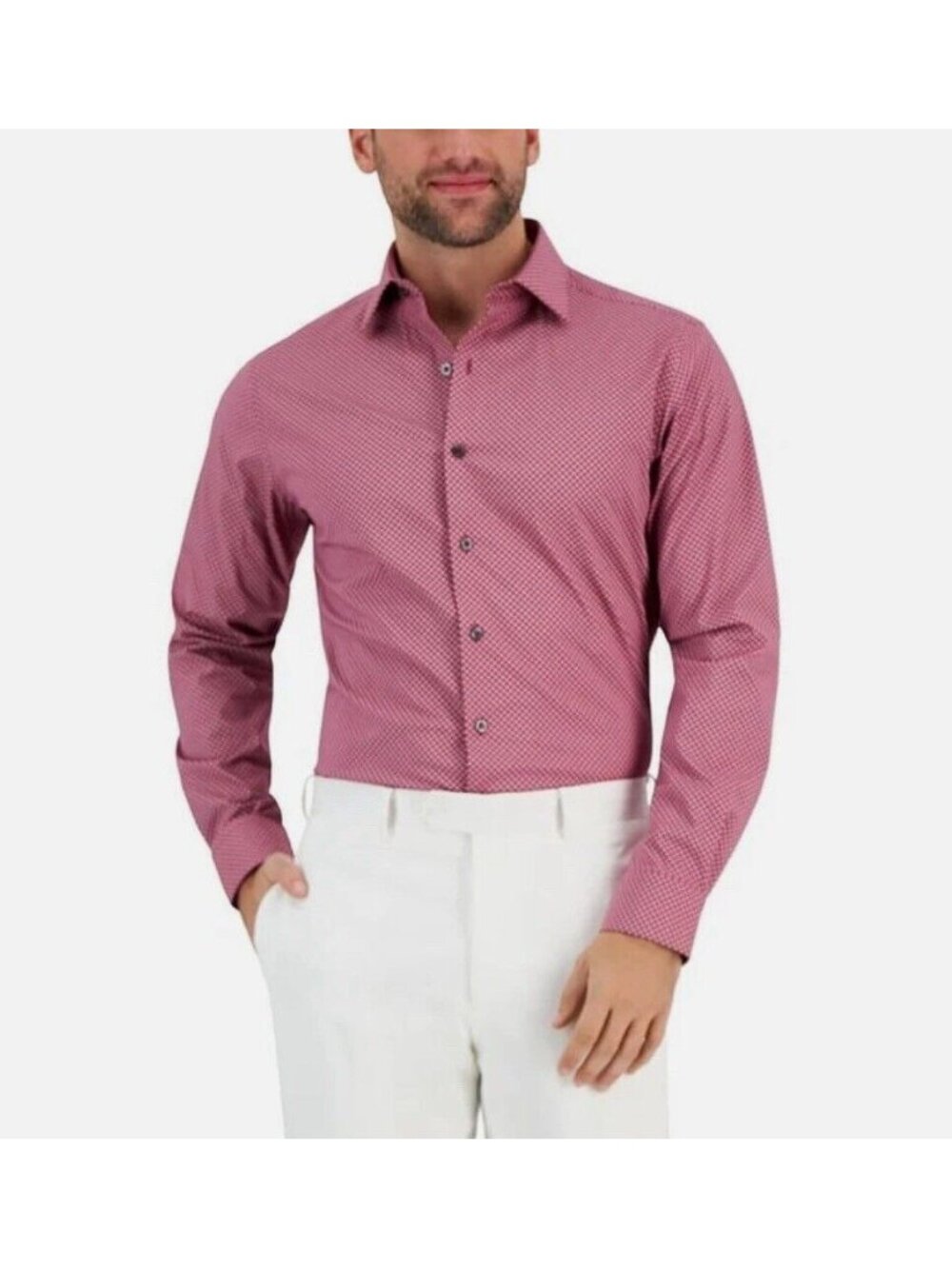 Alfani Puzzle Print Button Down Dress Shirt Rose White Stretch L 16-16.5 34-35
